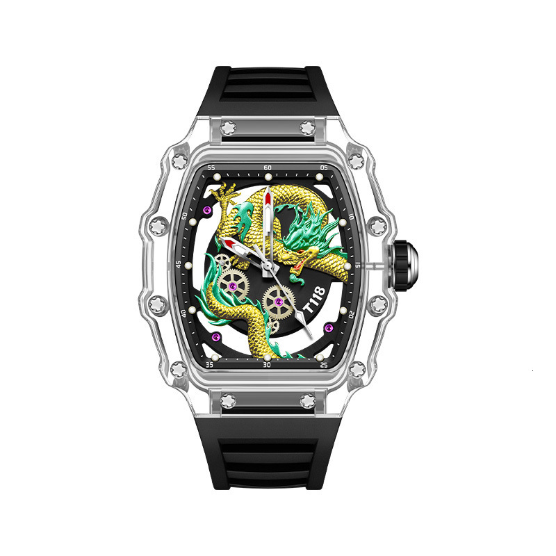 Designer Watch Men's Watch Dragon Embossed Luxury High-end Transparent Barrel Hollow Quartz Watch