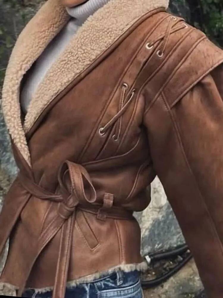 winter jacket women Leather Women's With Belt Fur Coat Streetwear Fashion Solid Outwear Woman Elegant Jackets Chaqueta De Cuero Para Mujer
