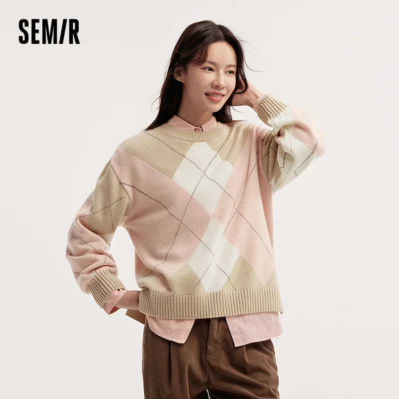 Semir Sweater Women Diamond Color Block 2025 Winter New Drop Shoulder Loose KnitwearT251027