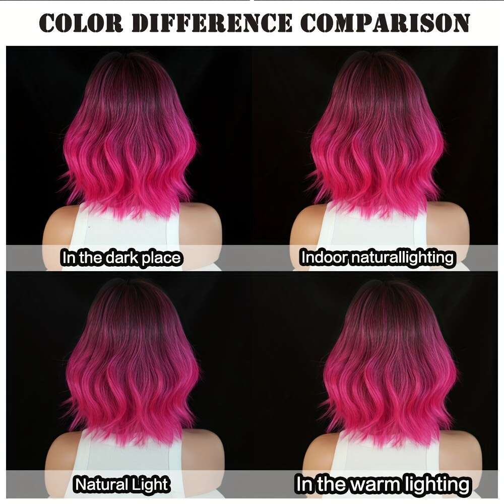 NAMM Women's Short Black To Pink Purple Ombre Wig - Heat-Resistant Synthetic Hair With Bangs & Layered Bob Cut, Glueless Cosplay Costume Wigs For