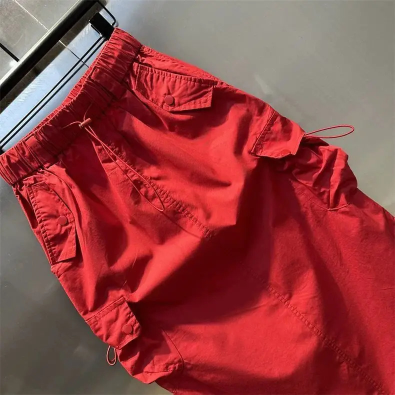 Women Y2k Cargo Long Skirt High Waist Drawstring Maxi Ruched Vintage Split Elastic with Pockets 251027