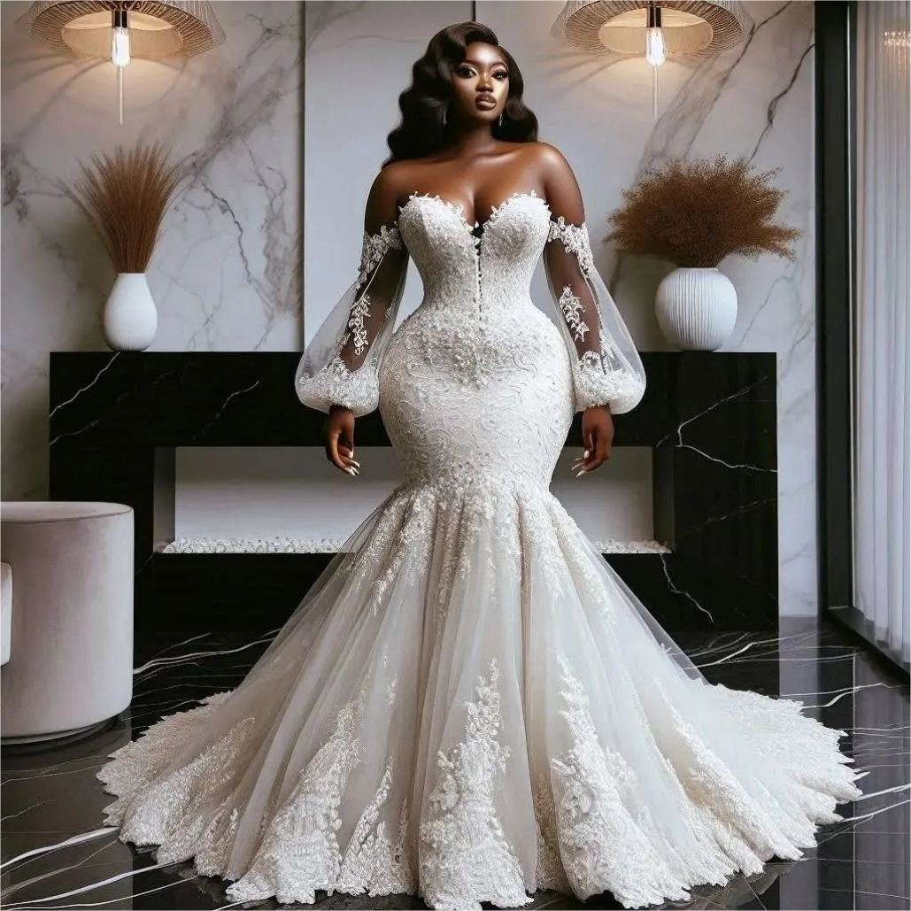 Plus Size Aso Ebi Wedding Dress in Ivory with Off Shoulder Lace and Full Sleeves Vintage Style