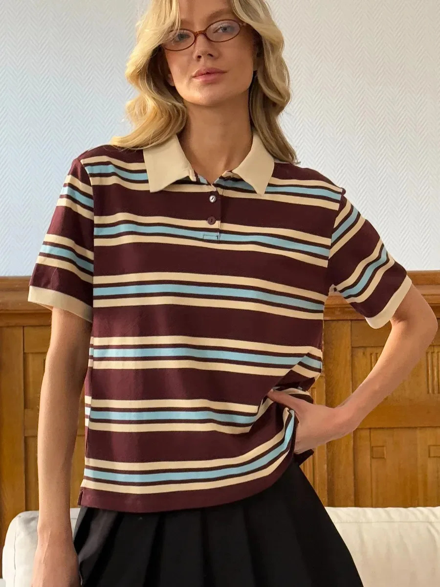Sumuyoo Womens Retro Striped Polo TShirt Loose Fit Short Sleeve Casual Knitted Shirt Fashionable Summer Top for Ladies 251027