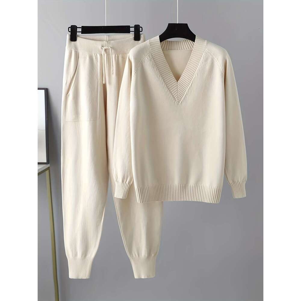 Two-Piece Set Two-Piece Set, Casual Solid Color V-Neck Sweater With Sleeves And Pants, No Belt, Regular Sleeve Length, Long Pants