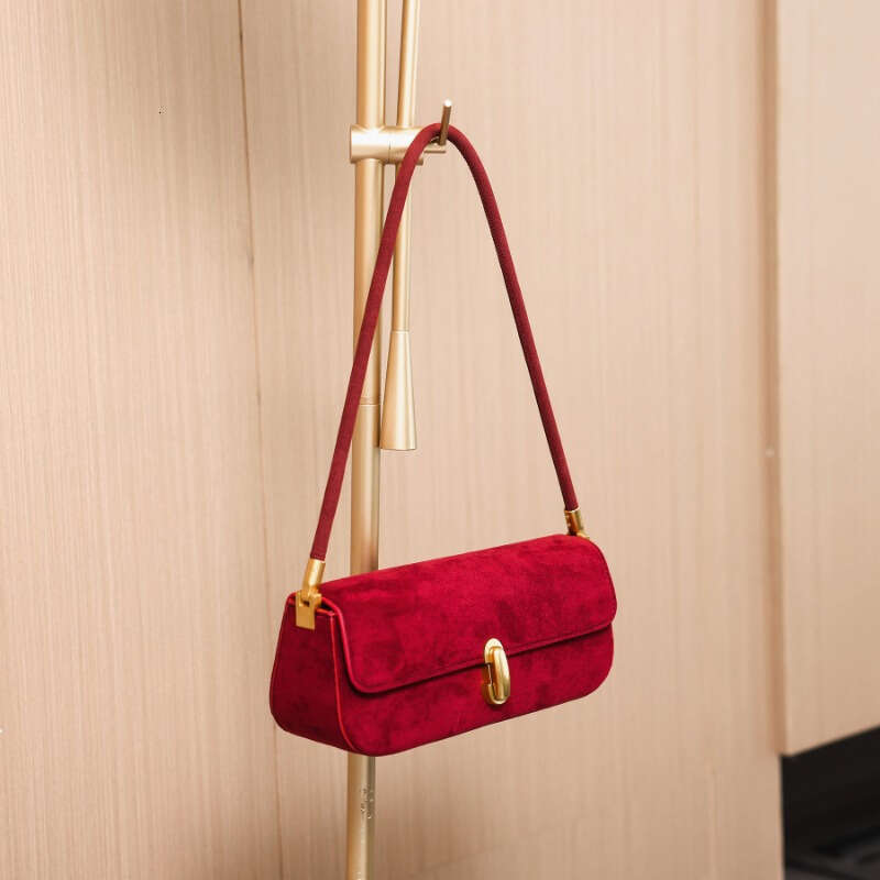 2025 Stylish Suede Shoulder Bag - Chic Baguette Design With Golden-Tone Lock Closure, Light Brown/Red, PU Material, Polyester Lining, Perfect For Casu