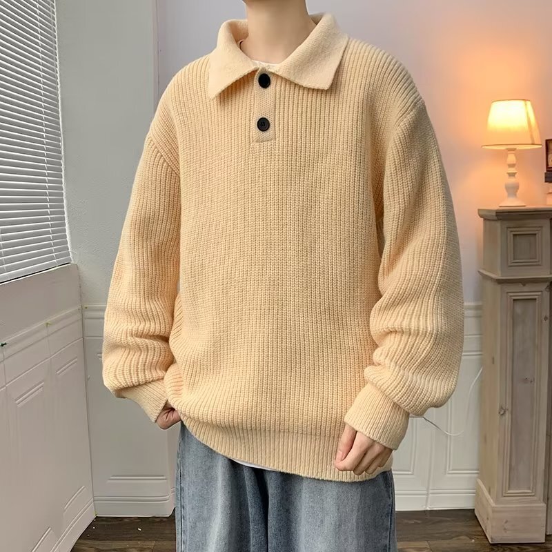Lazy Style Polo Collar Sweater For Designer Sweater Men American Style Coffee Color High-end Oversize Knitted Innerwear