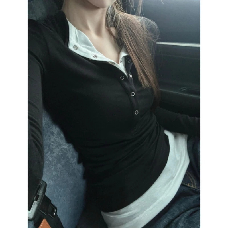 Womens Spring Autumn Long Sleeve TShirt Wear Base Shirt Spicy Girl Retro Twopiece Vneck Longsleeved Tshirt 251027