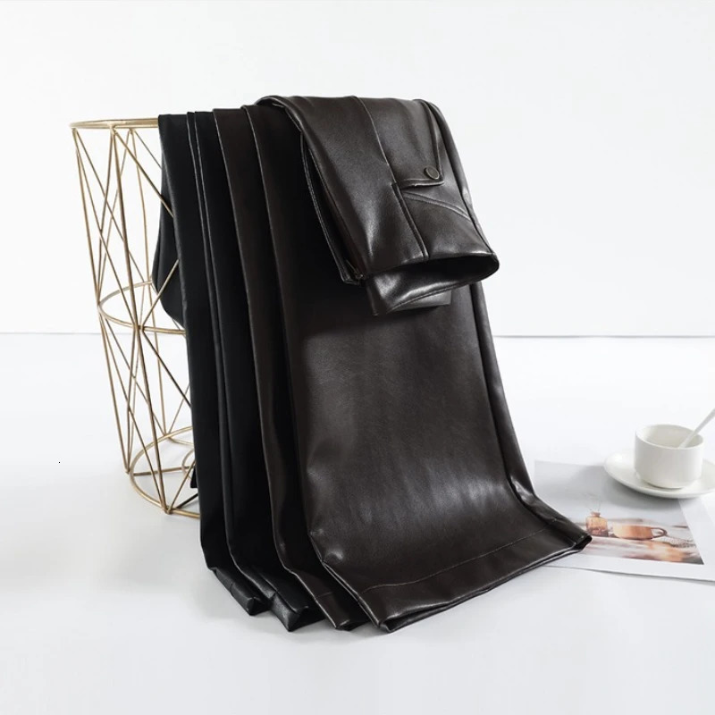 Autumn Winter Vintage High Waist Womens Black PU Leather WideLeg Pants Pockets Casual Loose FloorLength Female 251027