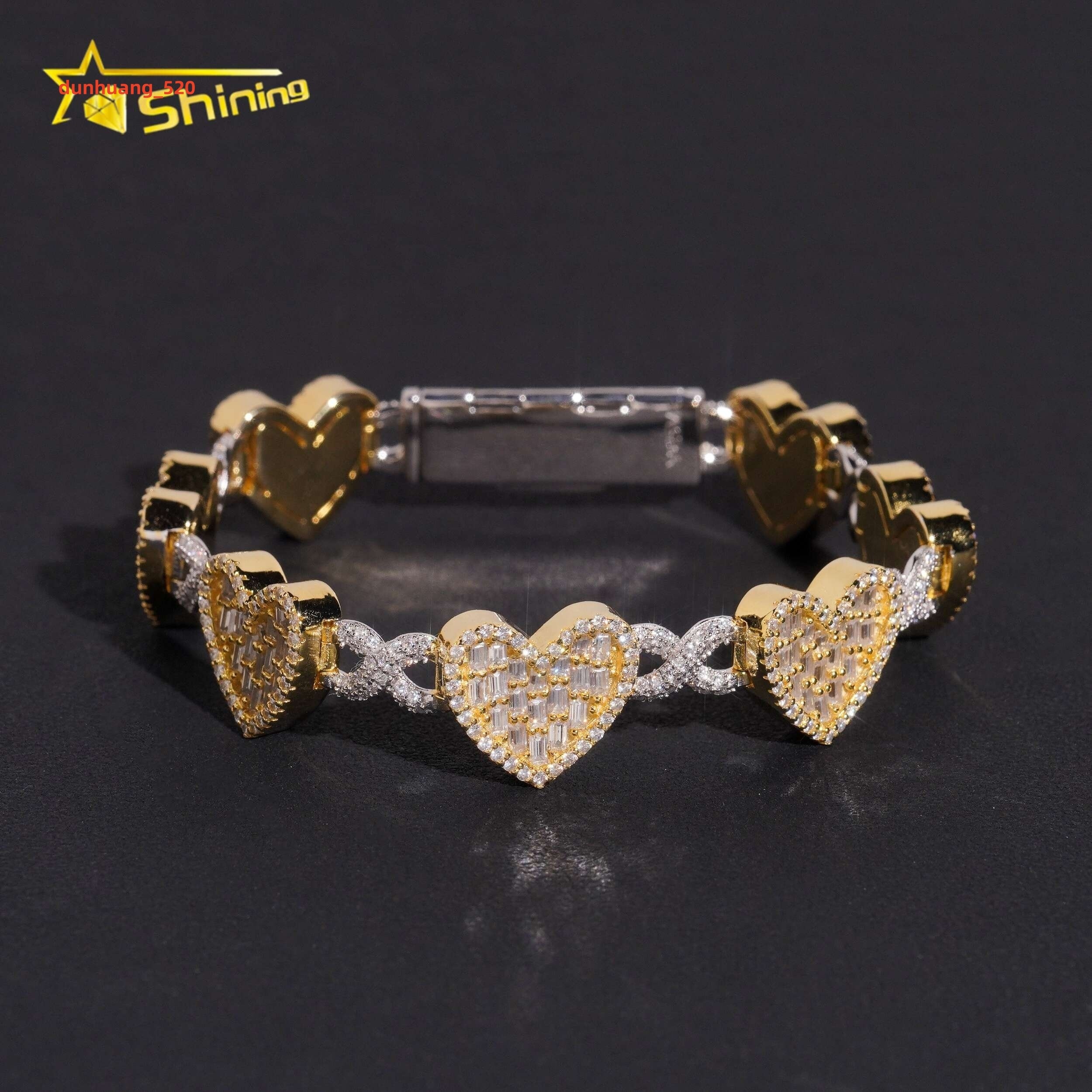 Bling Jewelry 925 Silver Hip Hop Two Tone 14mm Heart Iced Out GRA Certified Moissanite Bracelet