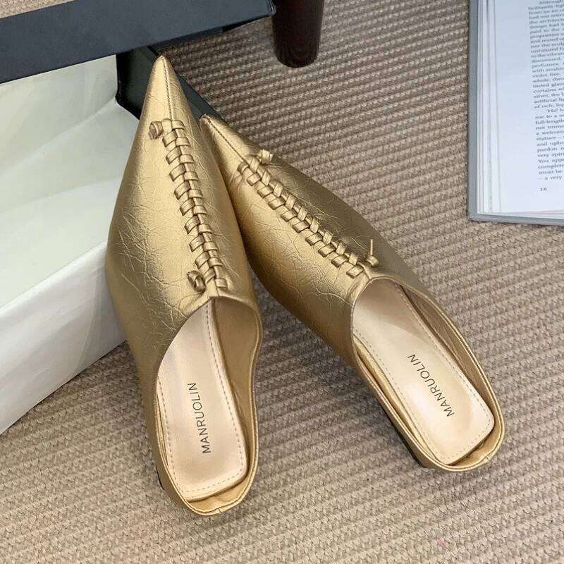 Gold Designer Slippers Women Mules Shoes Pointed Toe Slides Shallow Fashion Summer New Brand Sandals Ladies Sandalias De Mujer