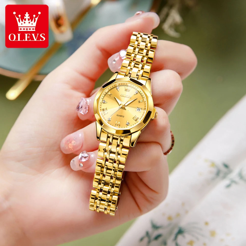 OLEVS Fashion Golden Watch for Women Stainless Steel Waterproof Womens Watches Elegant Original Ladies Quartz Wristwatch 251021