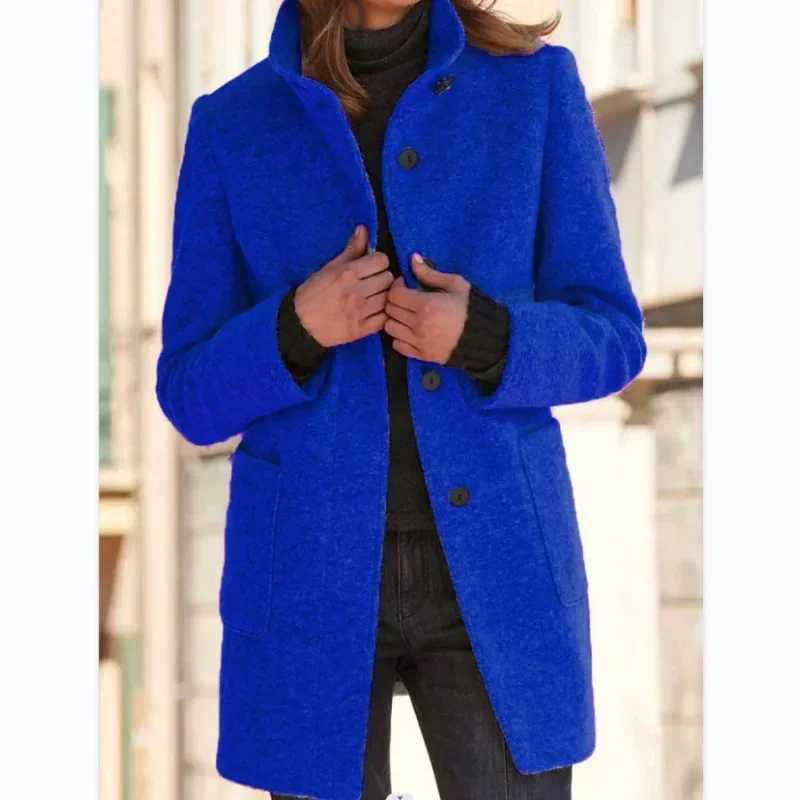 Women Vintage Solid Color Standup Collar Tweed Jacket Autumn Winter Warm Commuter Outerwear Singlebreasted Cardigan Long Coat M251027