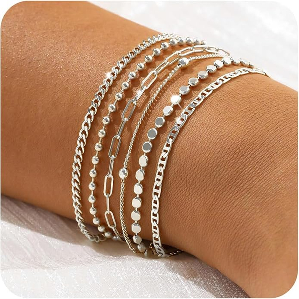 Gold Bracelet Women's Fashion Gold Plated Exquisite Stackable Paper Clip Cuban Chain Set Adjustable Bracelet 5-piece Set Holiday Gift 16+5cm