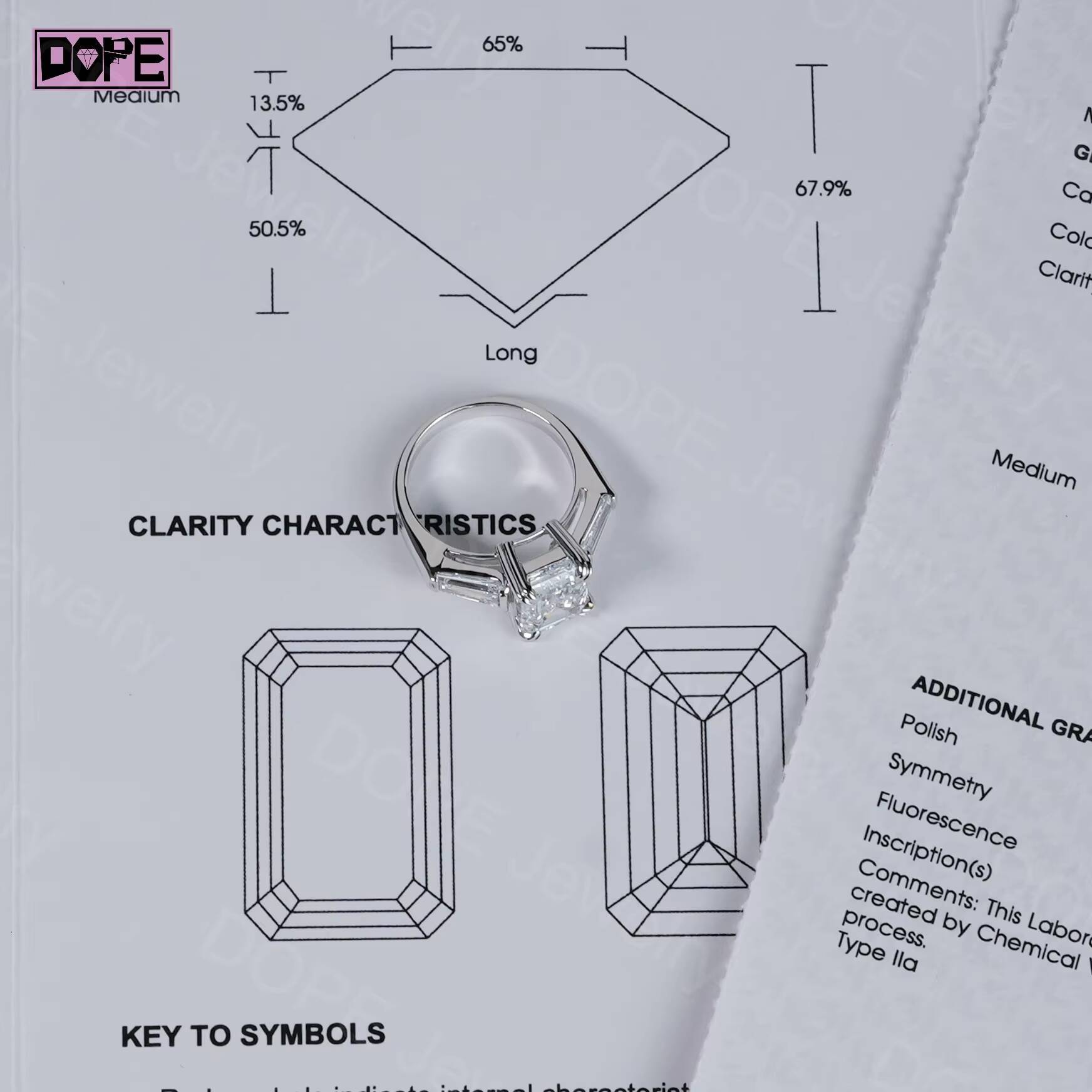 Lab Grown Diamond Ring 2CT Emerald Cut Solid Platinum Pt950 Tapered Side Stones IGI Certificate Engagement Ring