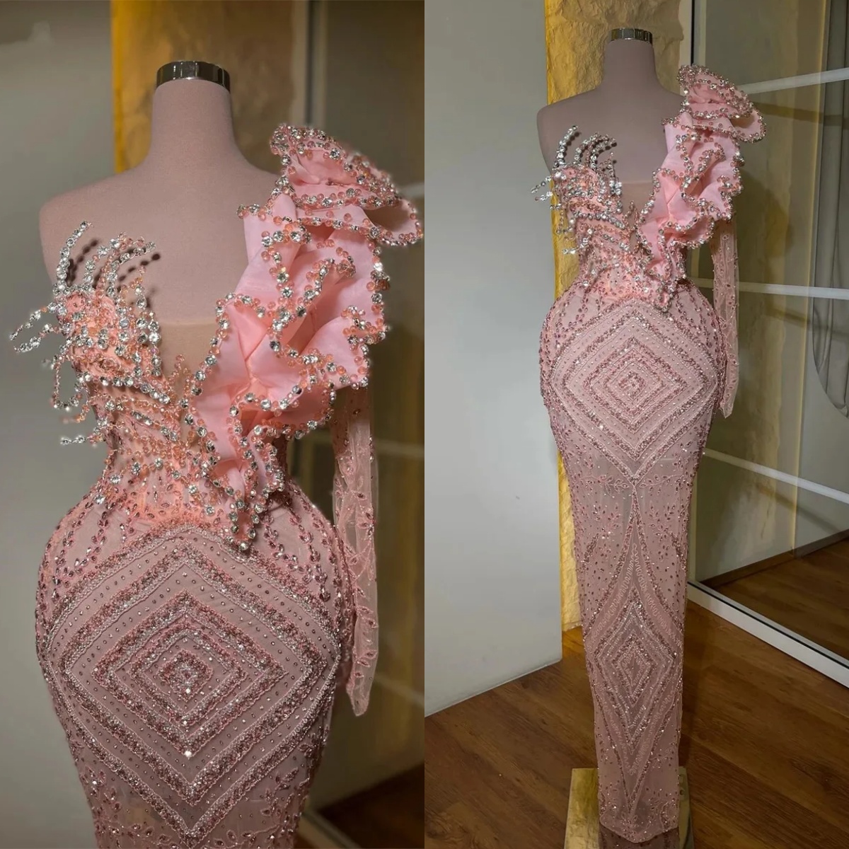 Graceful One Shoulder Prom Gowns Floor Length Crystals Beadeds Mermais Evening Dresses Birthday Party Customized