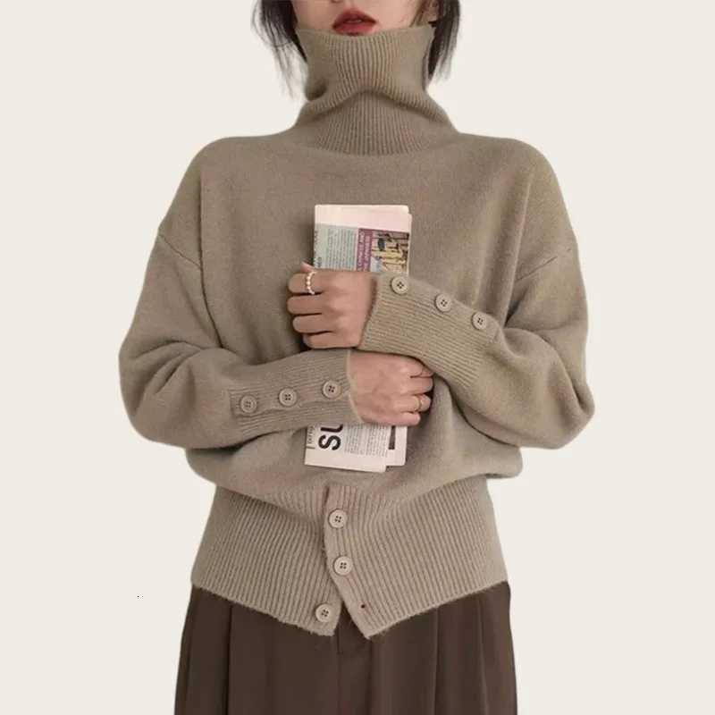 New Elegant Turtleneck Pullover Sweater for Women Autumn Winter Fashion Hem Button Solid Sweater Casual Long Sleeve KnitwearT251027