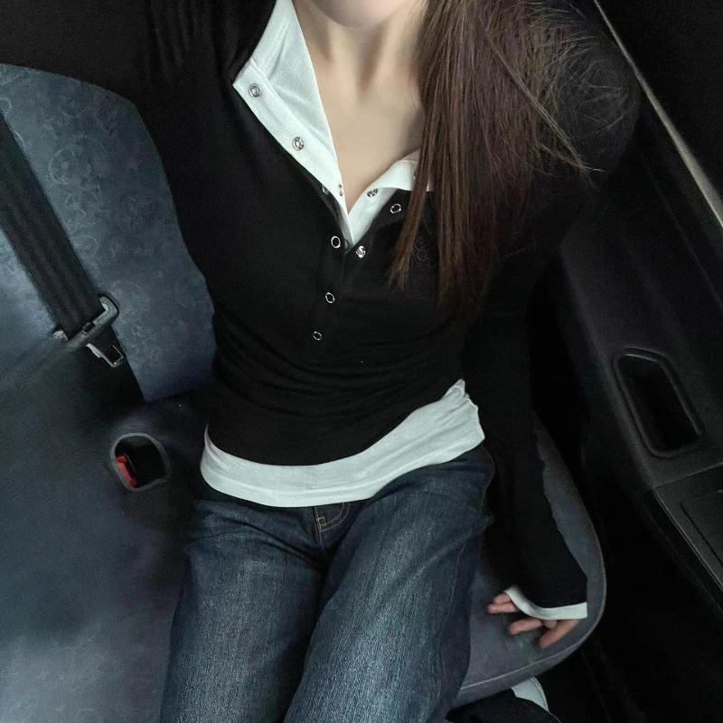 Womens Spring Autumn Long Sleeve TShirt Wear Base Shirt Spicy Girl Retro Twopiece Vneck Longsleeved Tshirt 251027