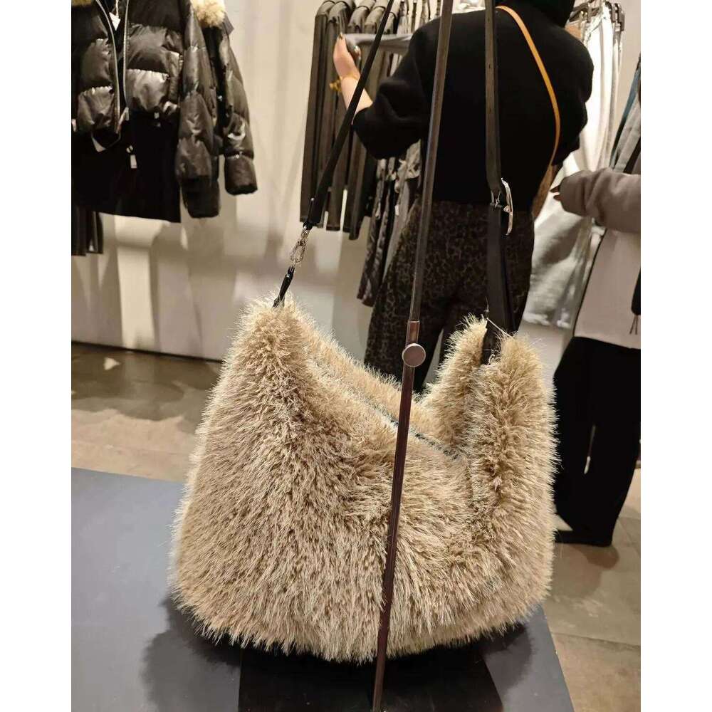 Vintage Khaki Handbag Women Fashionable Large Capacity Soft Plush Tote Ladies Retro Casual Shoulder Bag Y2k