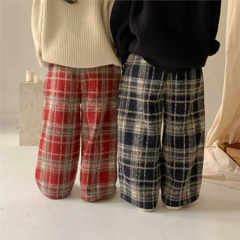 Kids Plaid WideLeg Wool Pants Boys Girls Winter Clothes Warm Autumn Winter BottomsT251027
