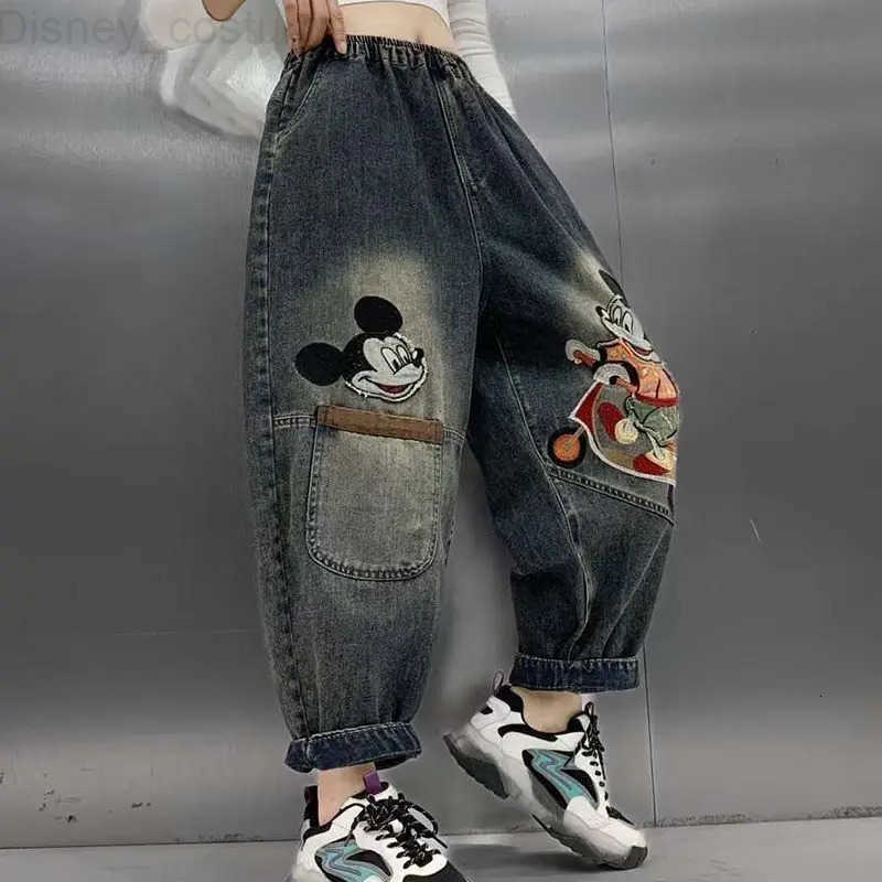 Disney Cartoon Mickey mens and womens new cute creative graphic print personality fashion loose and comfortable retro jeans H251027
