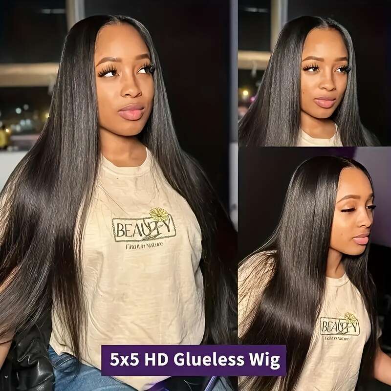 Glueless Brazilian Human Hair - 5X5 HD Closure, 250% Density, Pre-Plucked Pre-Cut Beginners, Glue No Gel, Black, Perfect For Casual Attire & Special O