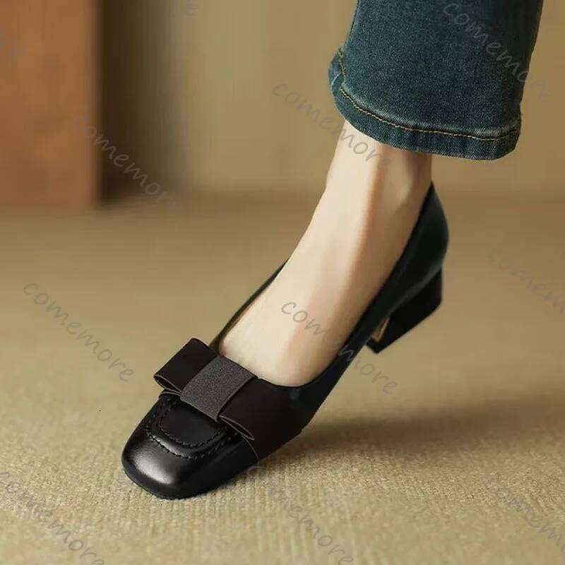 Comemore Spring Autumn Women's Bow Retro Middle Heel Single Square Head Leather Pumps Fashion Elegant Thick Heeled Shoes