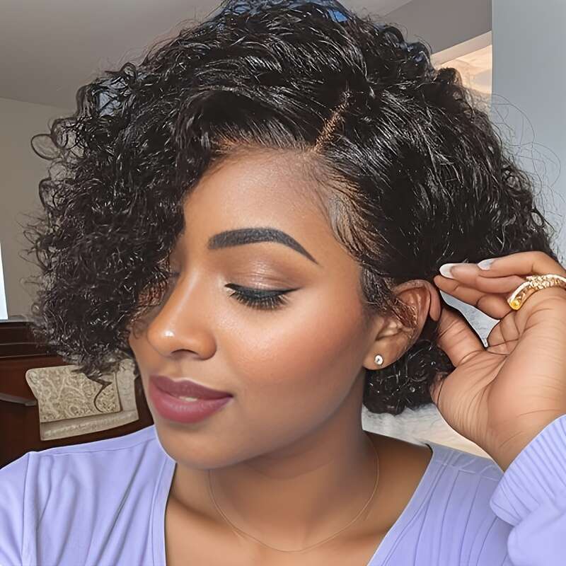 Women's Jerry Curl Remy Human Hair Wig 150% Density Pixie Cut With Transparent Frontal Lace 13X4x1, Pre-Plucked Hairline & Any Part Natural Look 