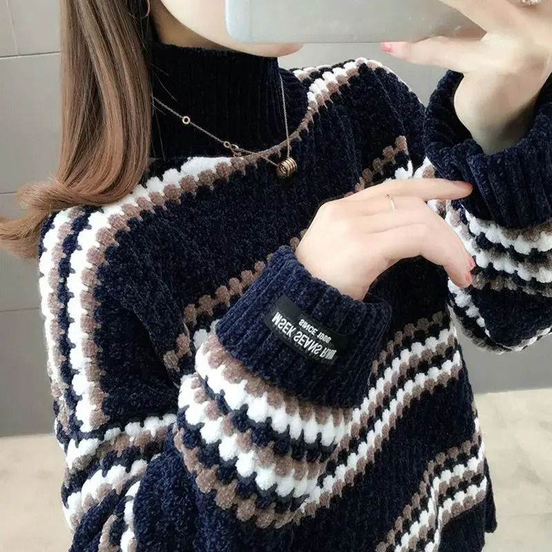 Autumn Winter Korean Style Fashionable Versatile Sweater Womens PoloTurtle Neck LooseFit Knitted Top Outer Wear 251027