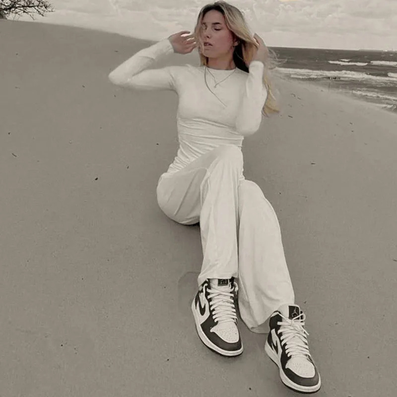 Apprabant Solid Pleated Casual Basic Trousers Set Round Neck Long Sleeve Top Fashion Sports Style High Waist Wide Leg Pants Suit 251013