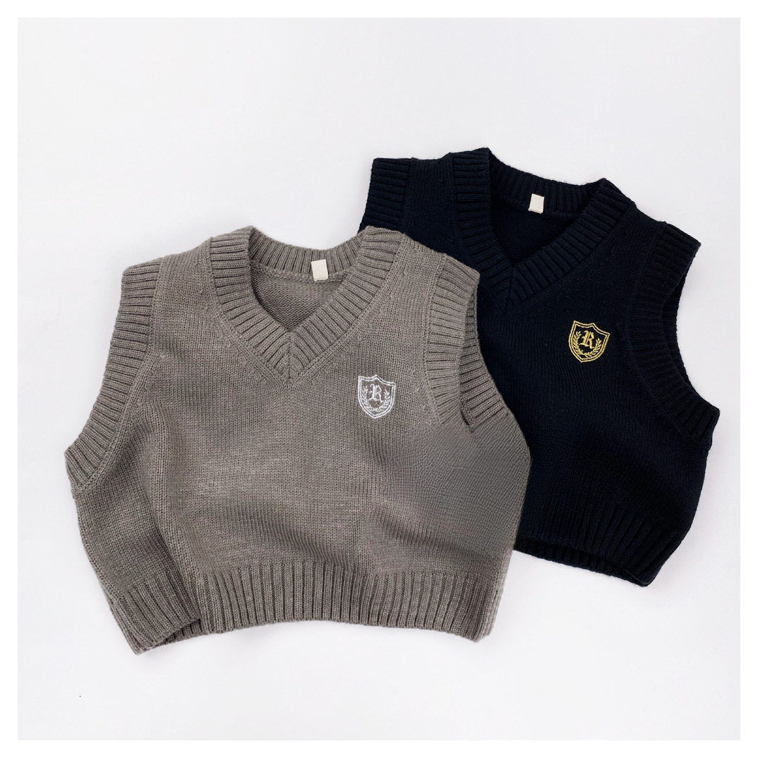 Autumn and winter new children's sweater embroidered V-neck vest, men's and women's knitted sleeveless jacket layered fashion