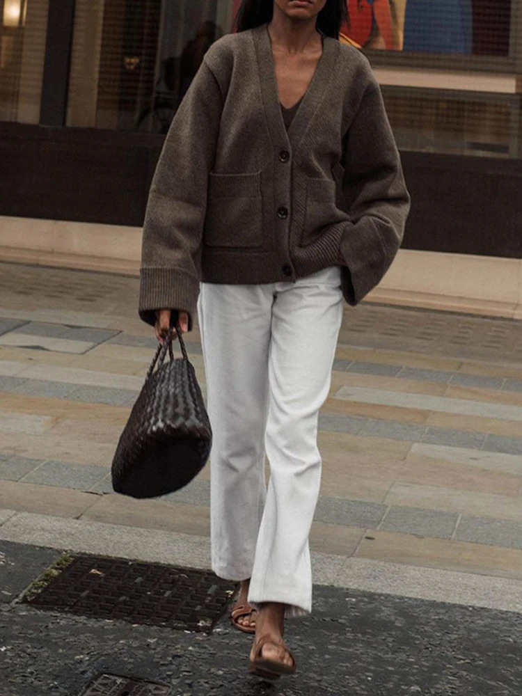 Solid Color Knitted Cardigan for Women Elegant Long Sleeves Vneck Single Button Coat Female Casual Autumn Winter Sweater Tops 2 251027