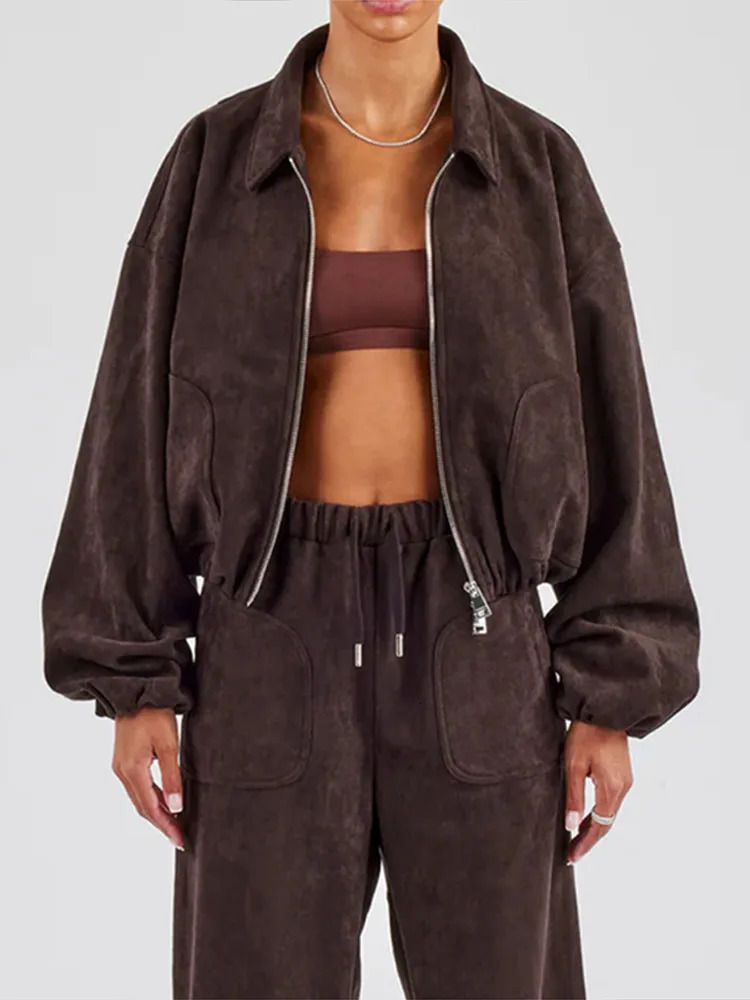 Casual Womens Jacket Pants Suits Zipper Lapel Pocket Jackets Long Straight Trousers Set Autumn Winter 2 Pieces Sets Female 251027