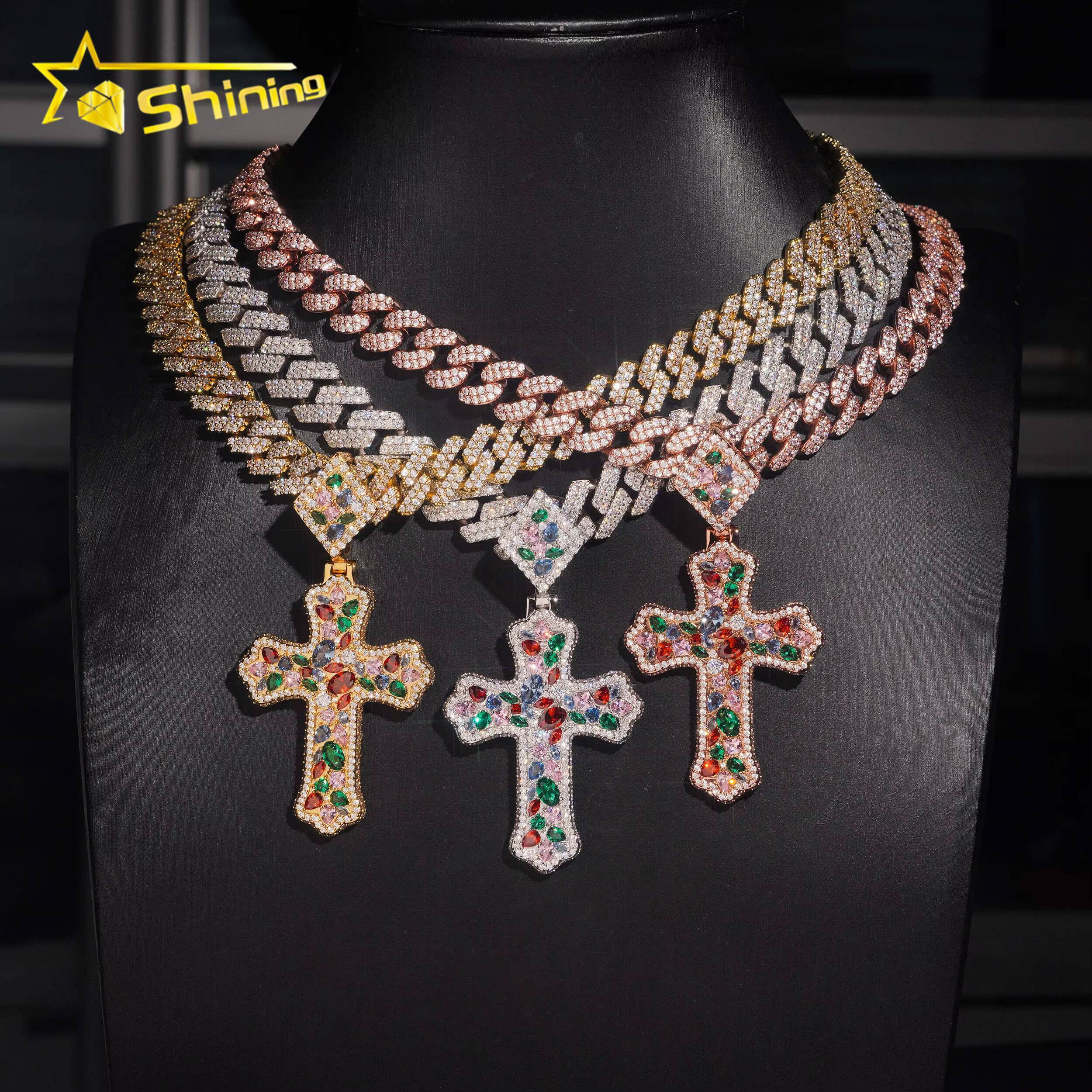 Fashion Pendant Charm Iced Out Brass Colorful Moissanite Diamond Cross Pendant Rapper Cool Style Hip Hop Pendant for Necklace