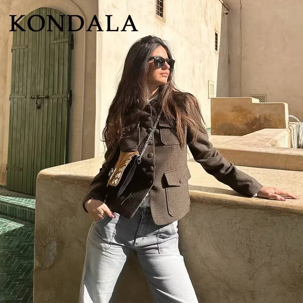 winter jacket women KONDALA Fall Winter Plaid Women's Vintage Fashion Country Brown Single Breasted Pockets Chic Ladies Elegant Jackets