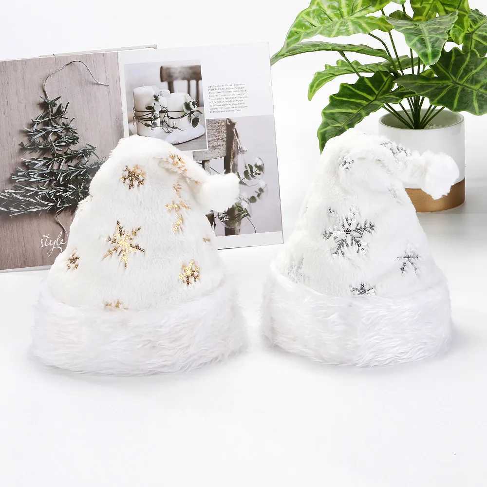 2025 NEW 3240cm White Plush Christmas Hat Gold Silver Beads Embroidered Adult Christmas Hat Holiday Home DecorationsW251027