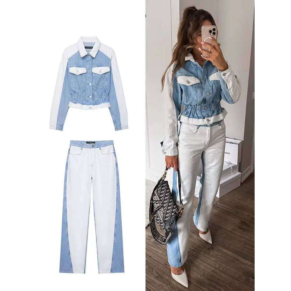 HH 2024 Autumn Female Vintage Denim Suit Long Sleeve Single Breasted Lapel Coat+High Waist Wide Leg Jeans Street Fashion Set