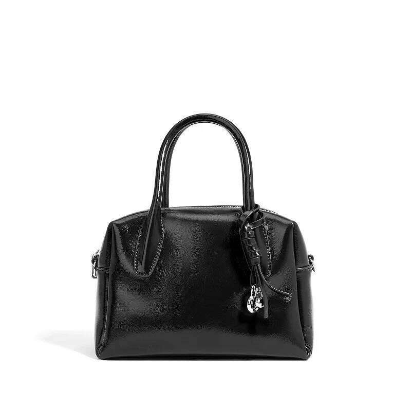 Women's Bowling Cowhide Leather Design Women Handbag Woven Shoulder Crossbody Ladies Commuter Shopping Boston Bag