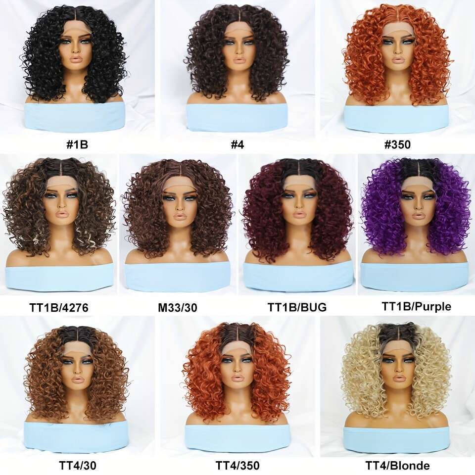 180% Density Short Afro Curly Front - 13X4x1 T-Part, 100% Heat-Resistant Fiber, Ombre Blonde Ginger Black, Pre-Plucked, Cosplay Ready, 16Inch, Synthet