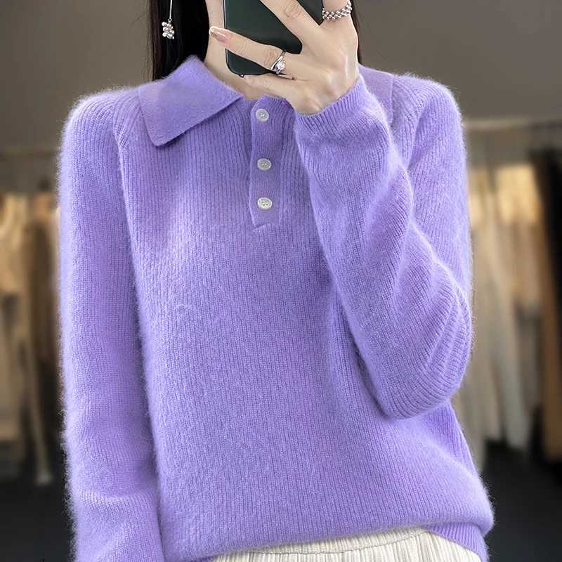 RONGYI Autumn And Winter New 100 Mink Cashmere Lapel Womens Solid Color Loose Pullover Knitted Padded Warm Long Sleeve TopT251027