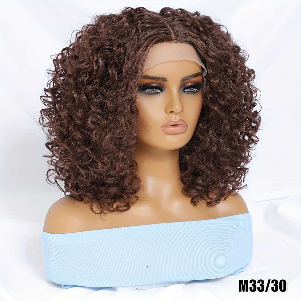 180% Density Short Afro Curly Front - 13X4x1 T-Part, 100% Heat-Resistant Fiber, Ombre Blonde Ginger Black, Pre-Plucked, Cosplay Ready, 16Inch, Synthet