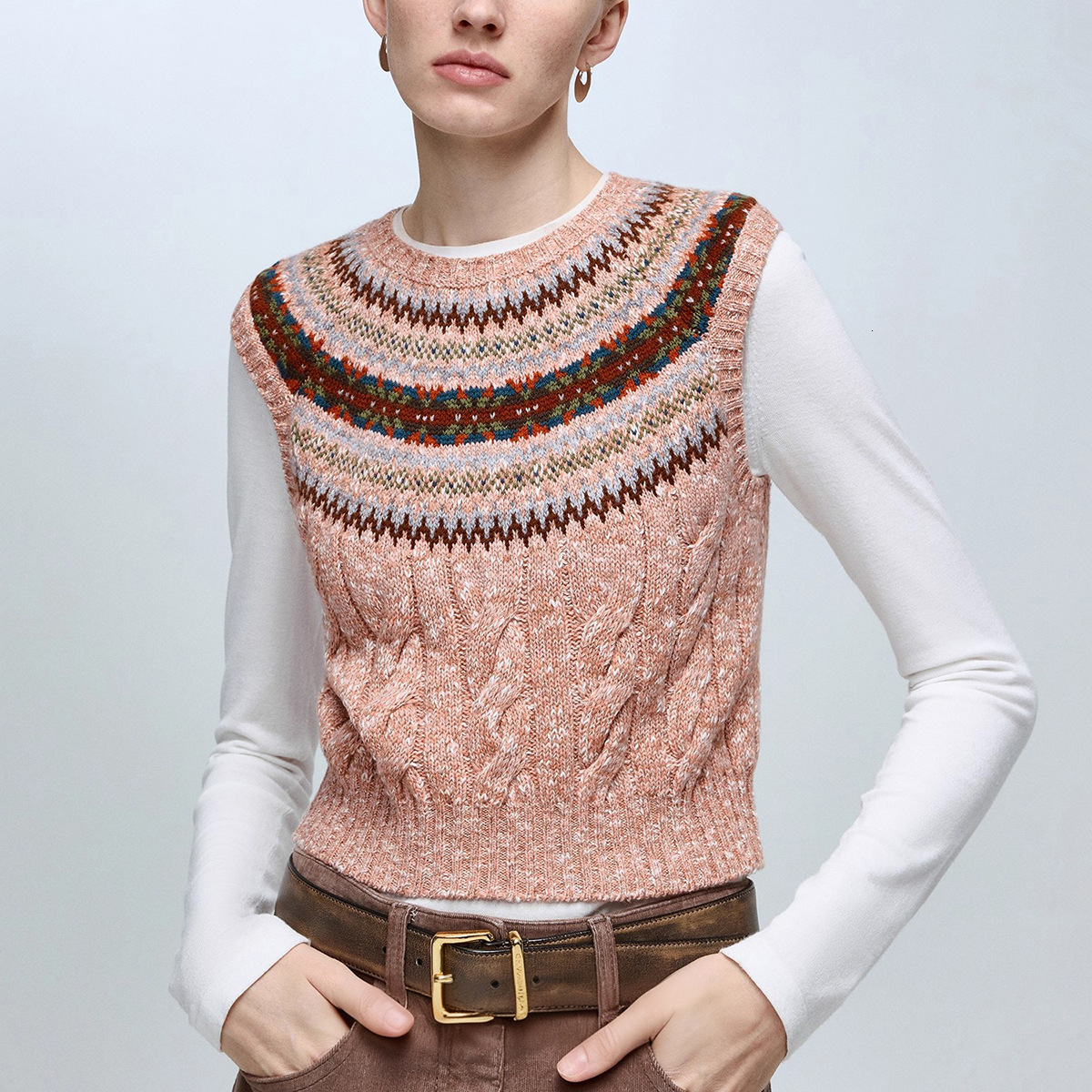 Designer's fashionable retro knitted wool cotton blended fancy yarn open top wool vest