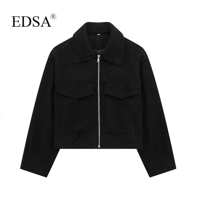 winter jacket women EDSA Women Solid Bomber Jacket with Flap Pockets Front Zipper Lapel Autumn Winter Casual Cropped Outerwear