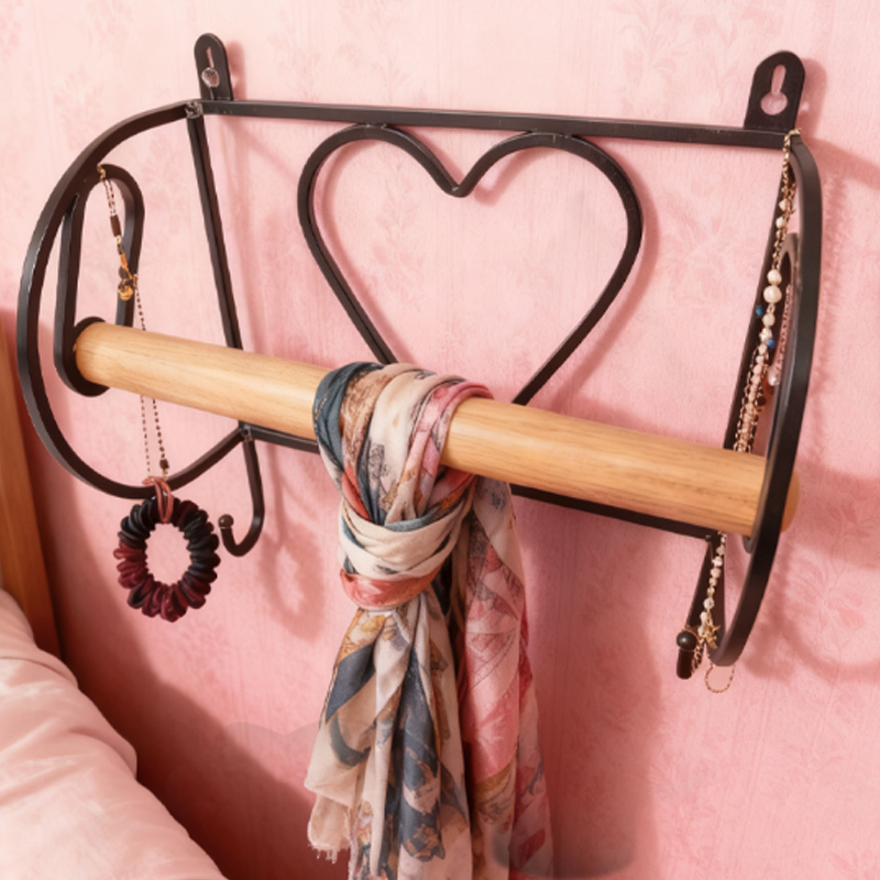 Vintage Black Iron Heart Paper Towel Holder with Wood Rod & 3 Hooks, Wall-Mounted Kitchen/Bathroom Organizer Rack
