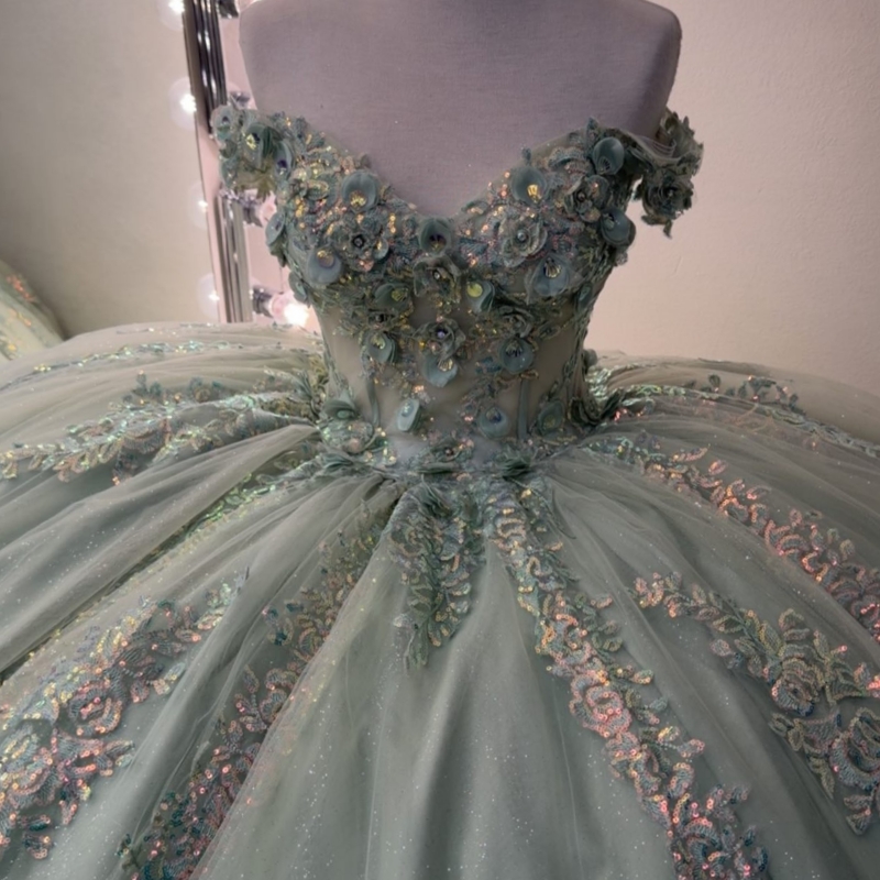 Green Shiny Quinceanera Dresses Off The Shoulder Applique Flower Beading Crystal Tull Party Birthday Sweet 16 Dress Vestidos 15 De Anos