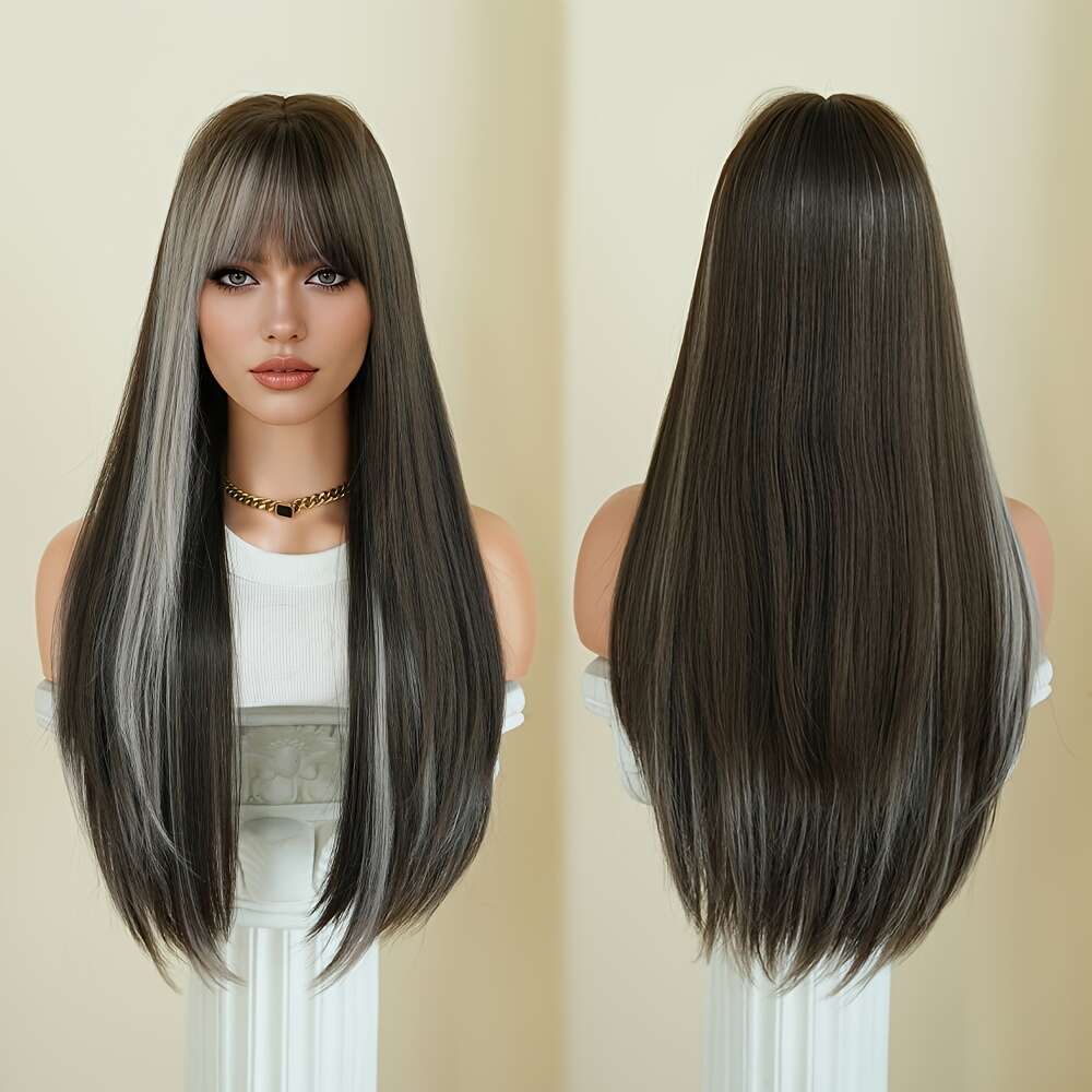 7Jhh WIGS Coffee Brown Heat Resistant Synthetic Hair, Natural Look For Everyday, Parties, Halloween Voluminous Straight Hairstyle With Rose Net Cap Wo