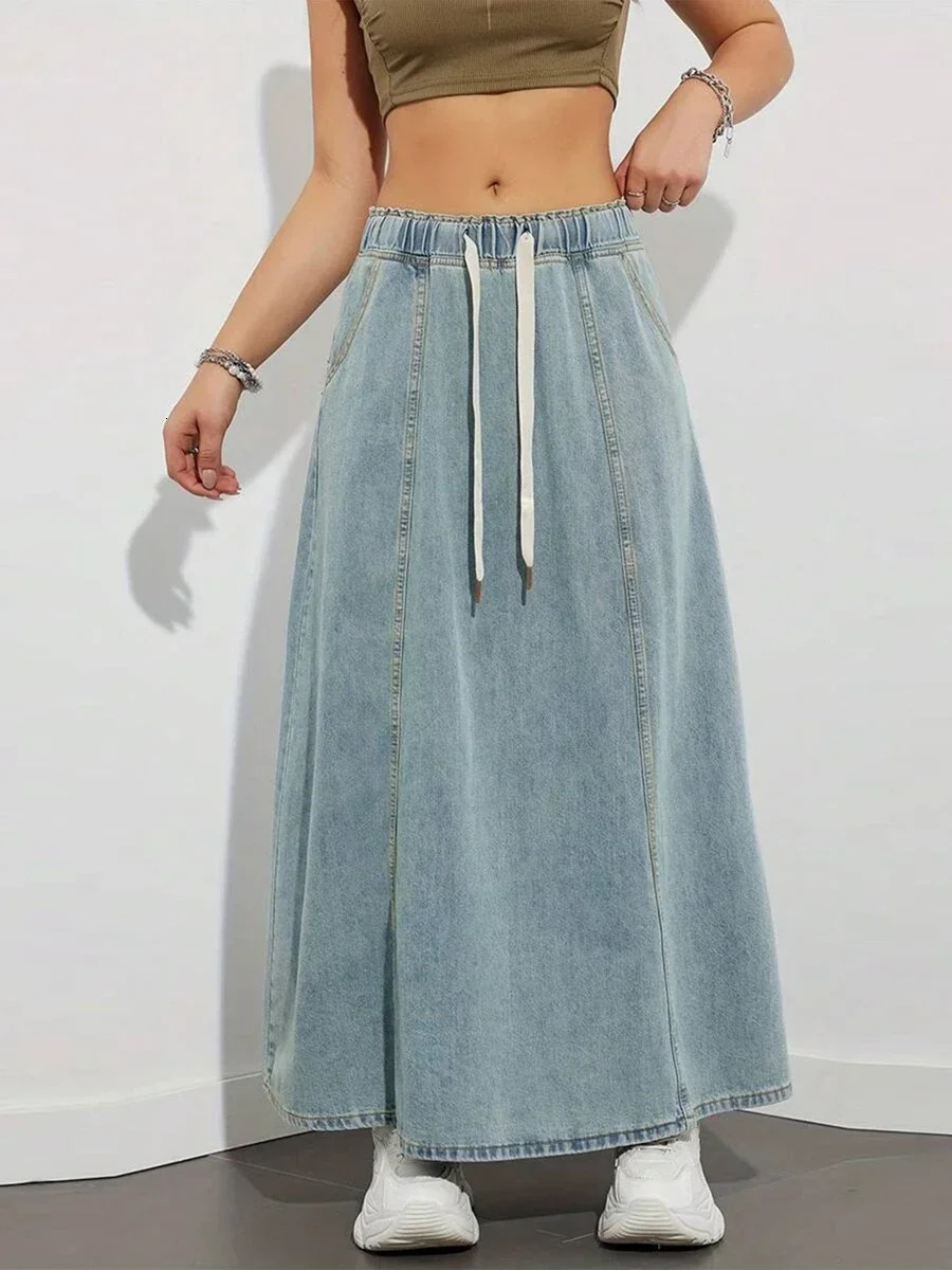 Harajuku Denim Skirt y2k Aesthetic Elastic Drawstring High Waist A Line Flare Jean Ladies Vintage Skirts Streetwear 251027