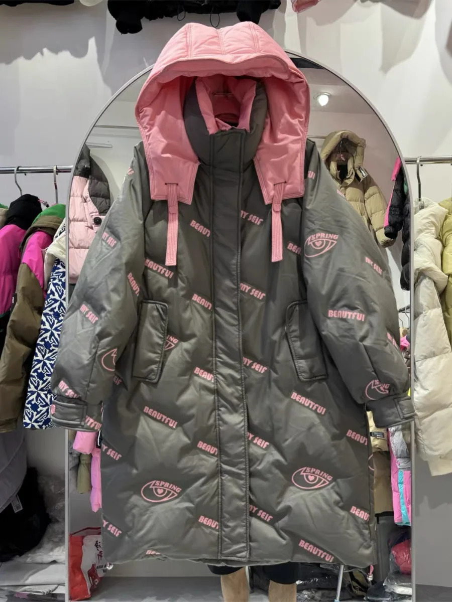 Winter Long White Duck Down Hooded Cotton Jackets Thickened Warm Coat Fashion Loose Sleeves Parkas Jacket 251027