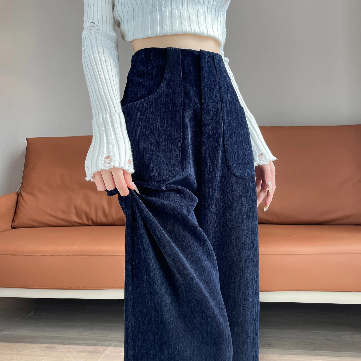 Autumn Winter High Waist Vintage Corduroy Womens Wide Leg Pants Pockets Korean Casual Loose Full LengthTrousers Female 251027