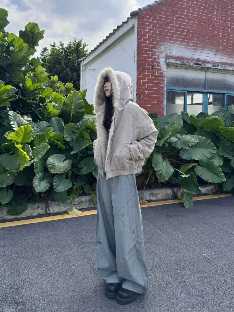 winter jacket women Y2K American Black Retro Wool Collar Thickened Cotton Jacket Men And Women Fashion Punk Vintage Streetwear Loose Casual Jackets