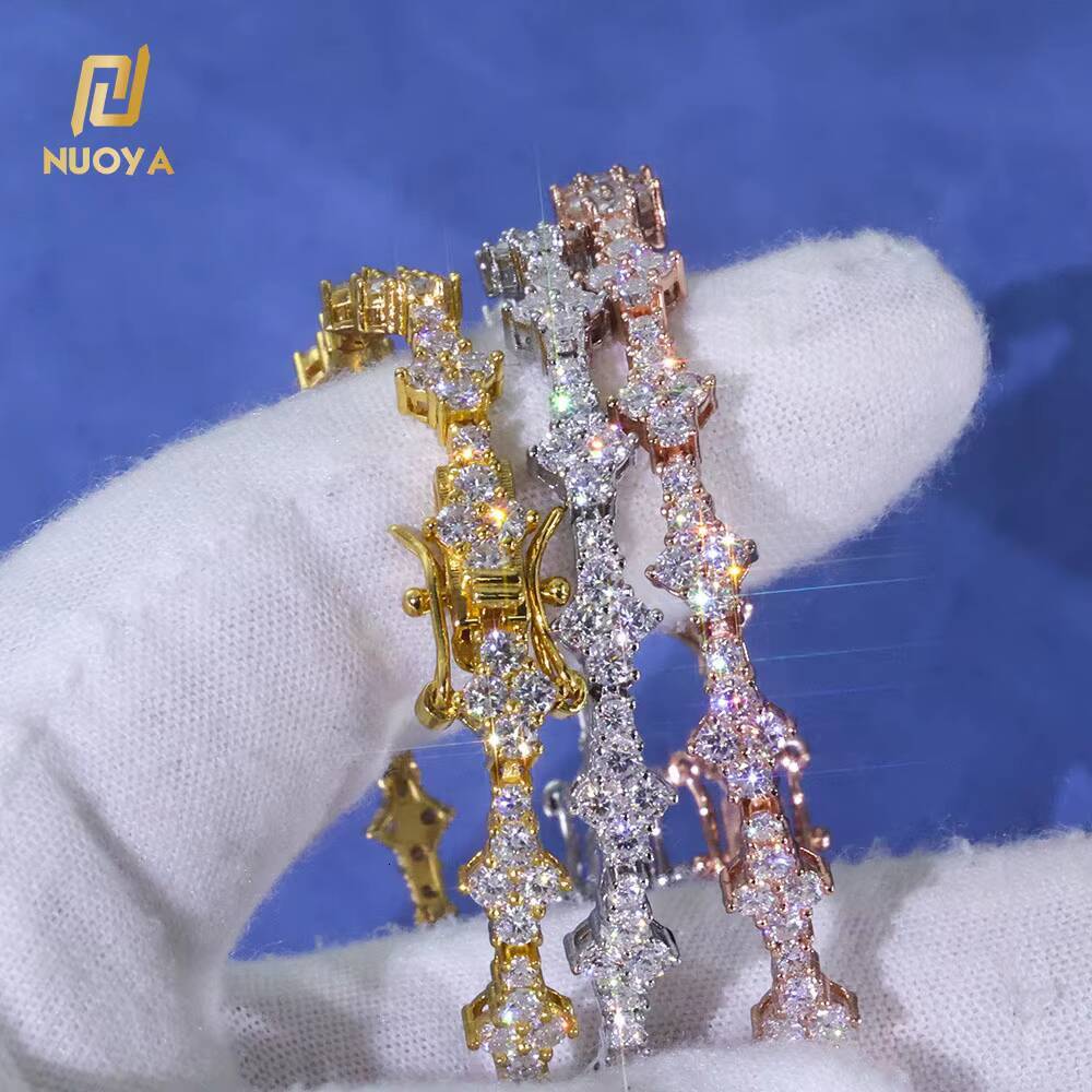 NUOYA Hiphop Jewelry Iced Out VVS Diamond Flower Shape Tennis Chain 925 Sterling Silver Moissanite Tennis Chain Womens Bracelet